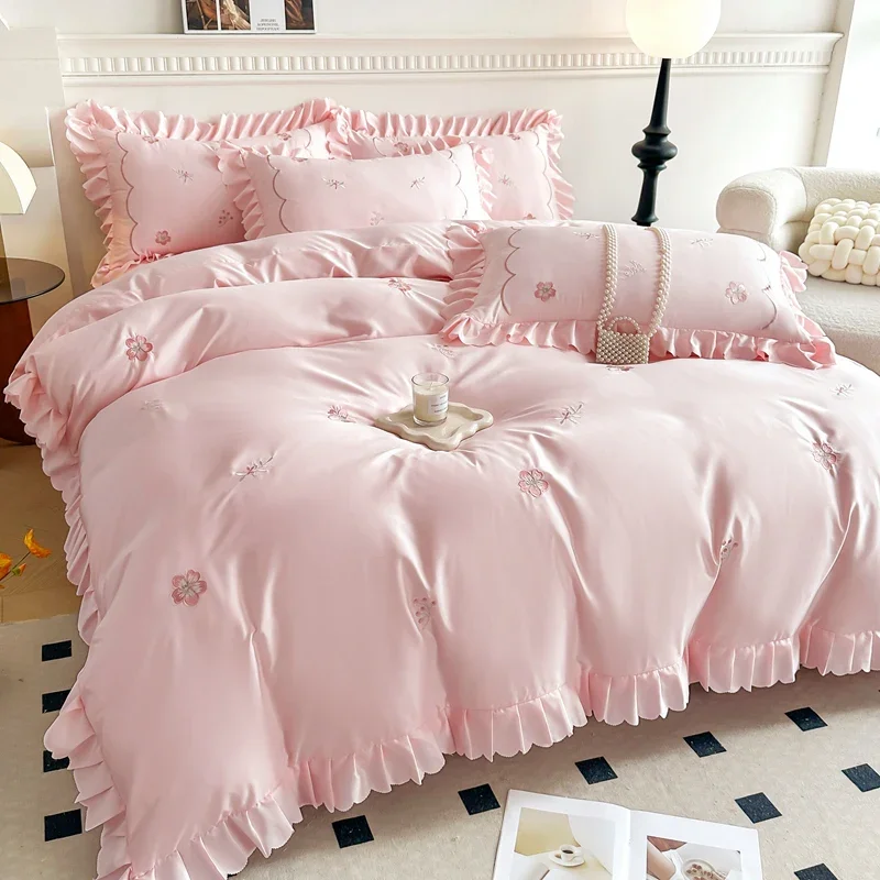 2025 New Luxury Ice Silk Bed Linen Set, with Ruffles in Korean - Style and French - Style Embroidery, Sizes 1.2m - 2.0m