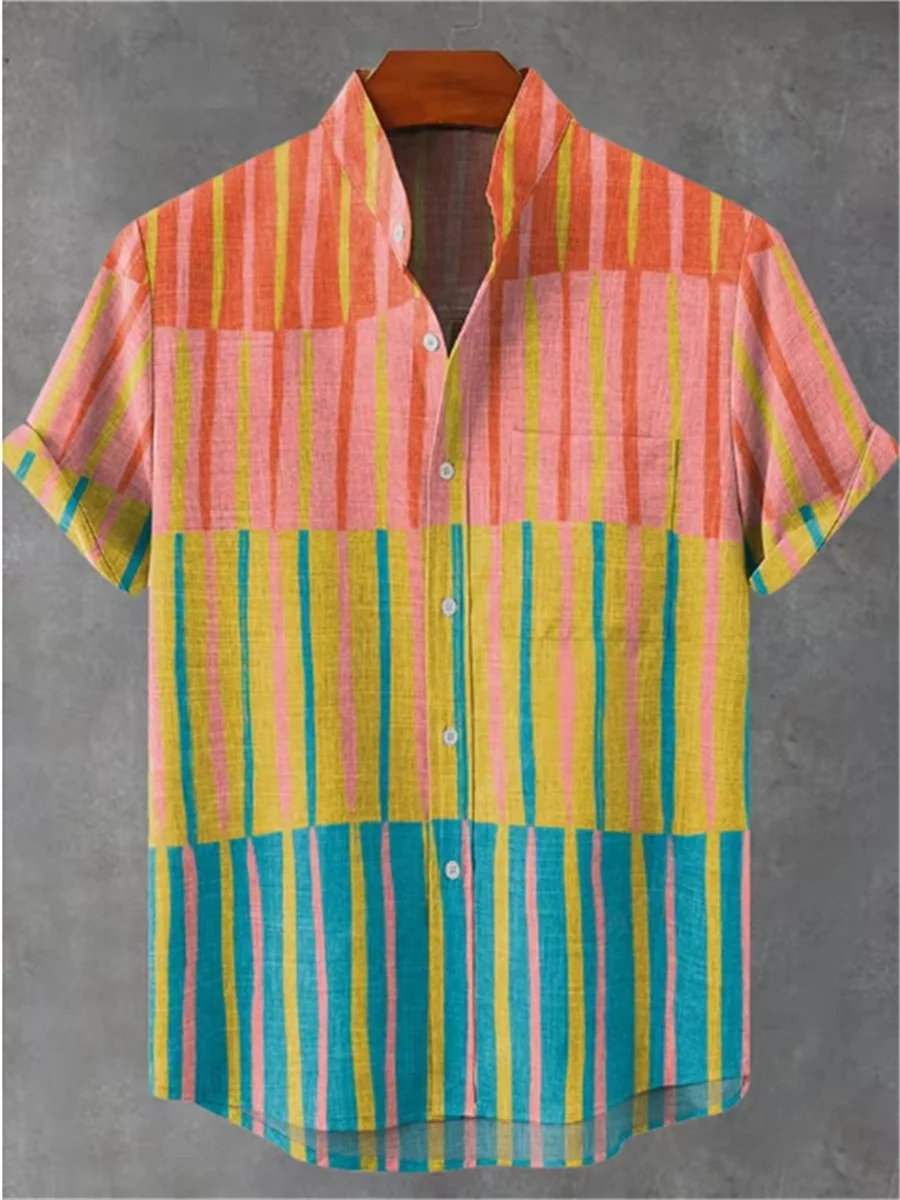 New summer new multicolor geometric stripes 3D printing casual fashion linen men's stand collar large size short shirt