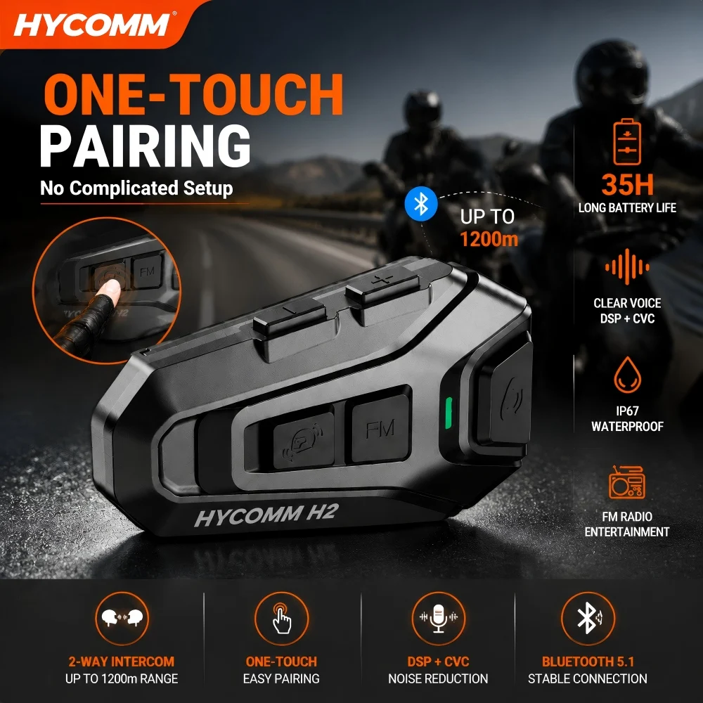 HYCOMM  Motorrad Bluetooth Headset, 2-Wege Intercom Helmsprechanlage, 1-Klick Kopplung, 35H Akku, IP67 Wasserdicht, DSP Geräuschreduzierung, FM Radio, Freisprechanlage Motorradhelm