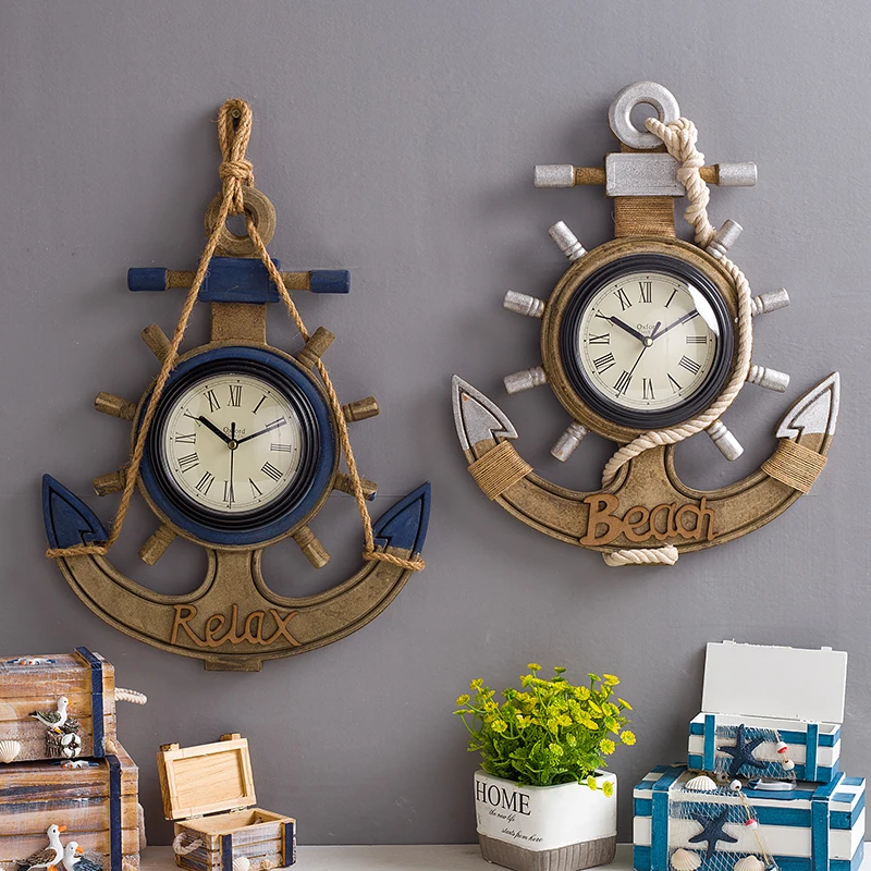 

Clocks Wall Home Decor Clock Living Room Decoration Mediterranean Boat Anchor Retro Wall Clock Wooden Rudder Clock Digital Wall