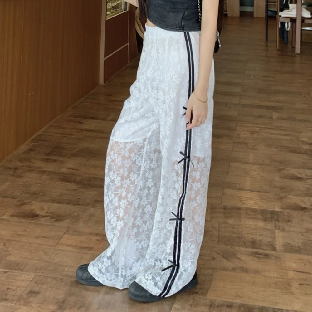 Bow lace white casual pants women's summer thin design sense hollow high waist thin straight trousers