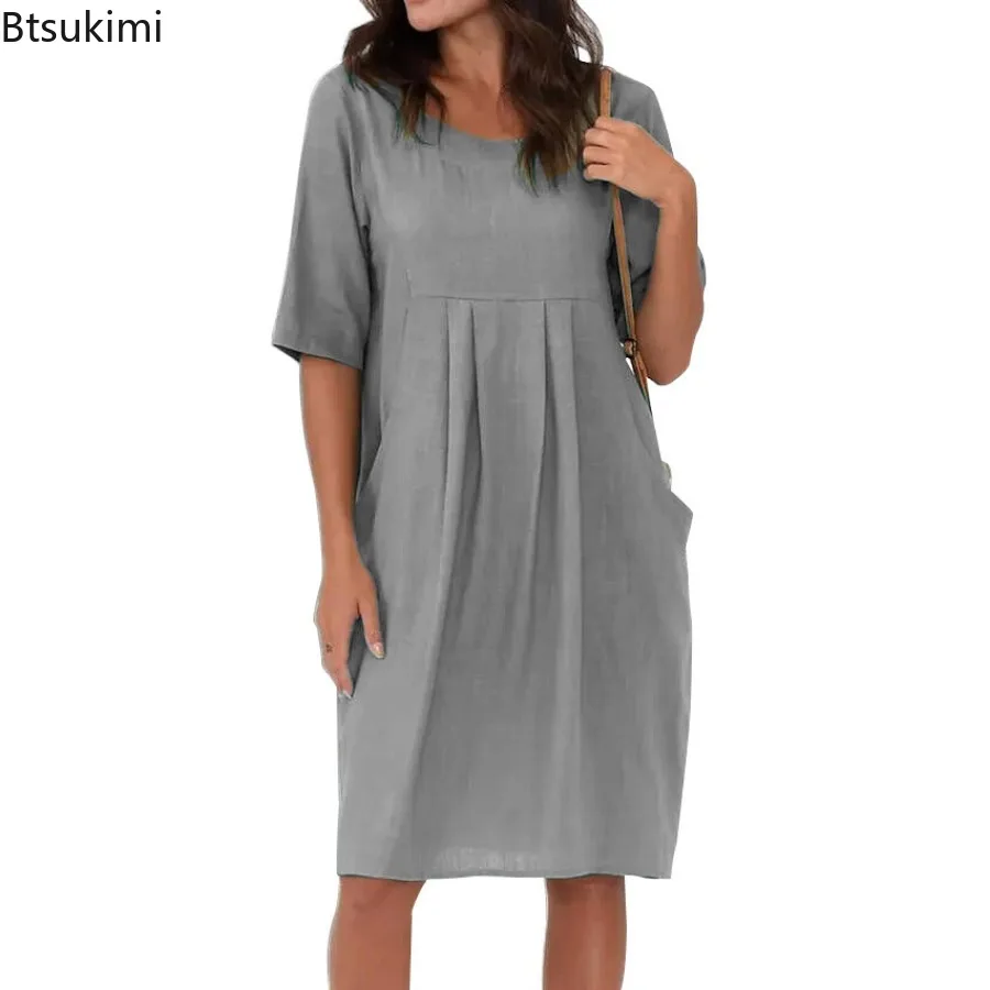 2024 Women's Summer Short Sleeve Cotton Dress Solid  A-line Short Sleeve Boho Midi Dress Oversized Female Casual Beach Dress 5XL