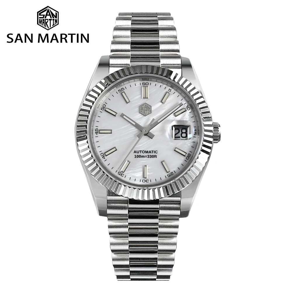 San Martin Men Watch 40mm Vintage MOP Dial Retro Business Luxury Sapphire Automatic Mechanical Watches Carving Bezel 10Bar