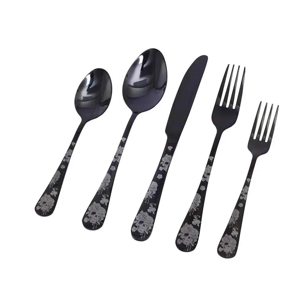 Black Creative Carved Rose Skeleton Skull Stainless Steel Tableware Set with Knife, Fork, Spoon, Five Piece Dinnerware  Set