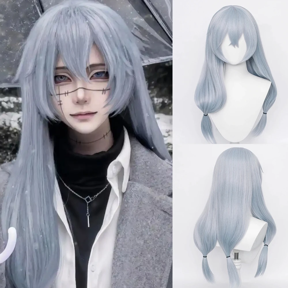 

Blue Gray Long Straight Synthetic Wigs Anime Game Cosplay Fluffy Heat Resistant Wig with Bangs for Daily Party