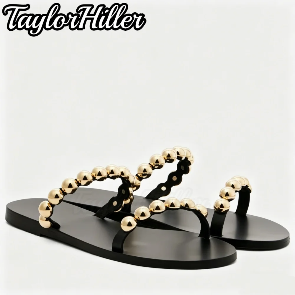 

Roman Style Women Slippers Open Toe Double Strappy Balls Decor Mule Sandals Luxury Slip On Flat Heel Slides Bohemia Vacation