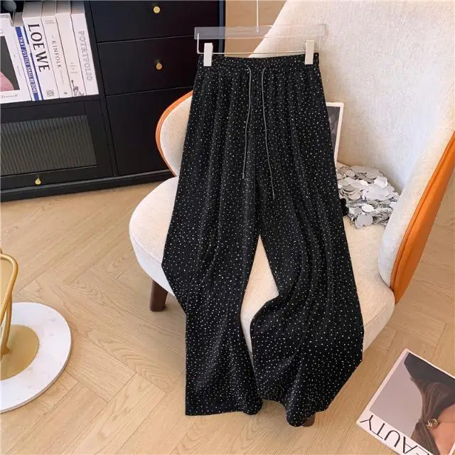 Czarne srebrne foliowe spodnie z szerokimi nogawkami Wysoka talia teksturowane, zwiewne spodnie na co dzień Elastyczny sznurek Luźne spodnie szyfonowe