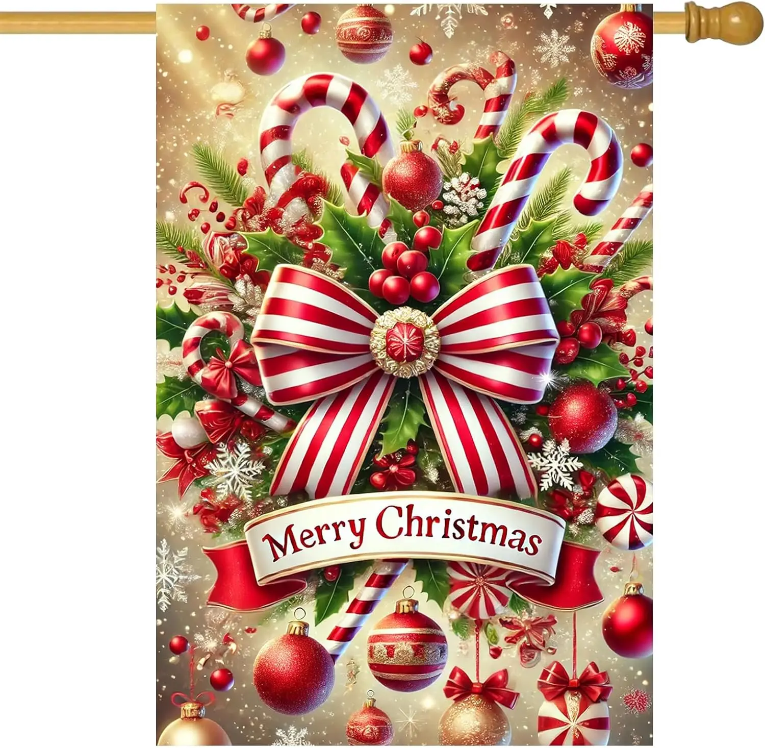 عيد ميلاد سعيد منزل العلم 28x40 بوصة مزدوجة الوجهين حديقة العلم مع قصب الحلوى القوس الأحمر والحلي لقضاء عطلة ساحة حظر JHH #1