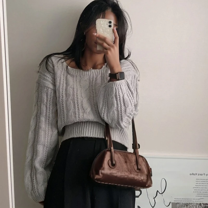 

Elegant Pullover Square Neck Sweater Women's Autumn and Winter Loose Casual Simple Jumper Solid Color Long Sleeved Knitted Tops