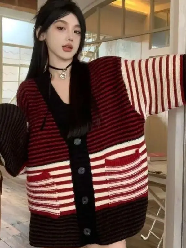 

Retro Red Striped Knitted Open Cardigan Sweater Loose Long Sve Color Blo Knitwear Trendy Lazy Sle Women's Faion
