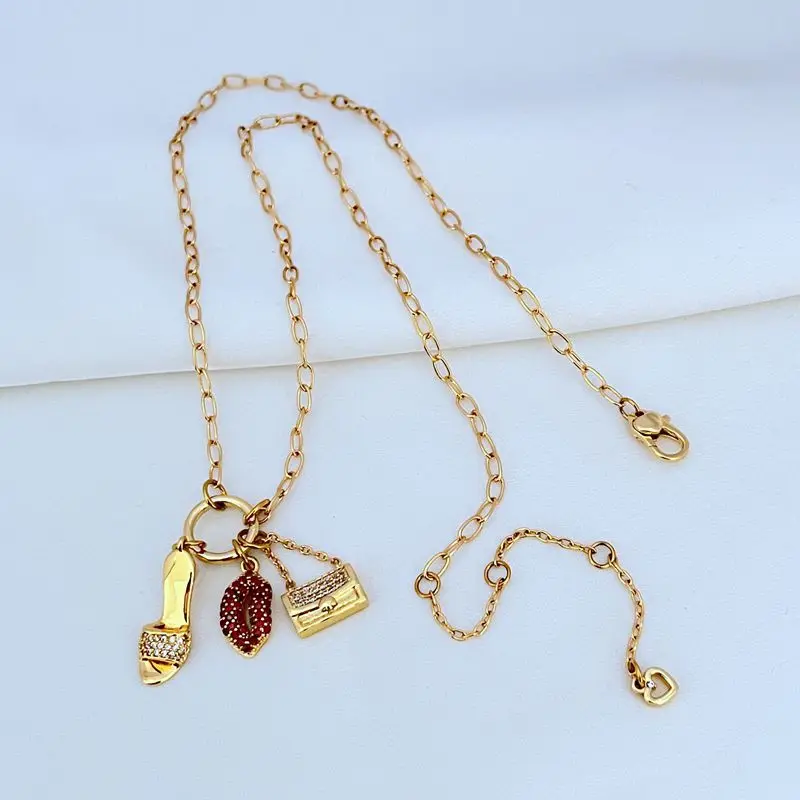 

KS European Fashion Creative Personality Red Lip Pearl High Heels Three-dimensional Bag Ring Women's Multi-pendant Necklace