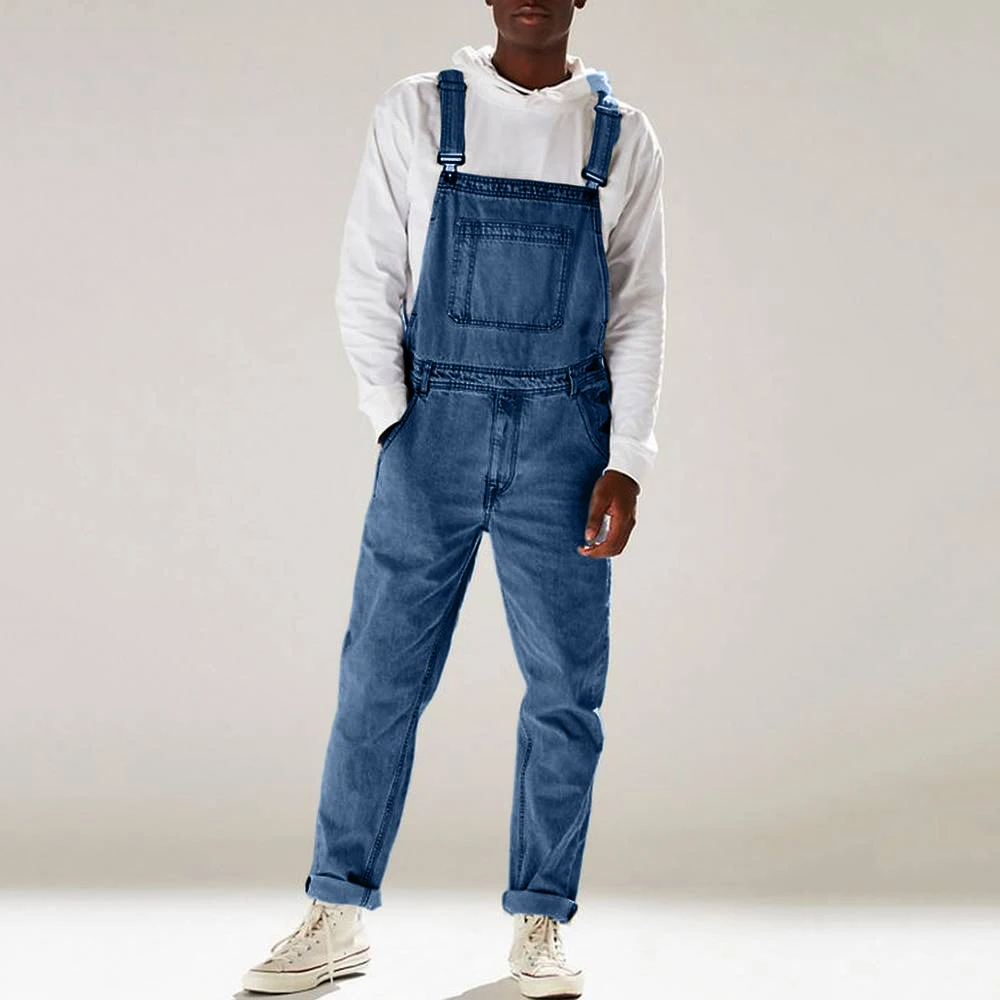 Streetwear Men\'s Solid Color Multi-pocket Denim Bib Overalls Casual Daily Denim Jumpsuit Fashion Male Suspender Long Pants