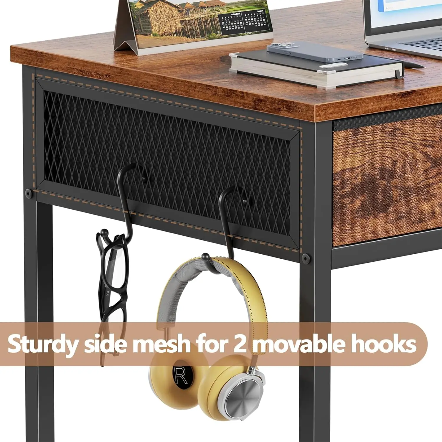 34-Inch Small Computer Desk with 2 Fabric Drawers, Hooks for Bedroom Office Study Makeup Vanity Rustic Brown