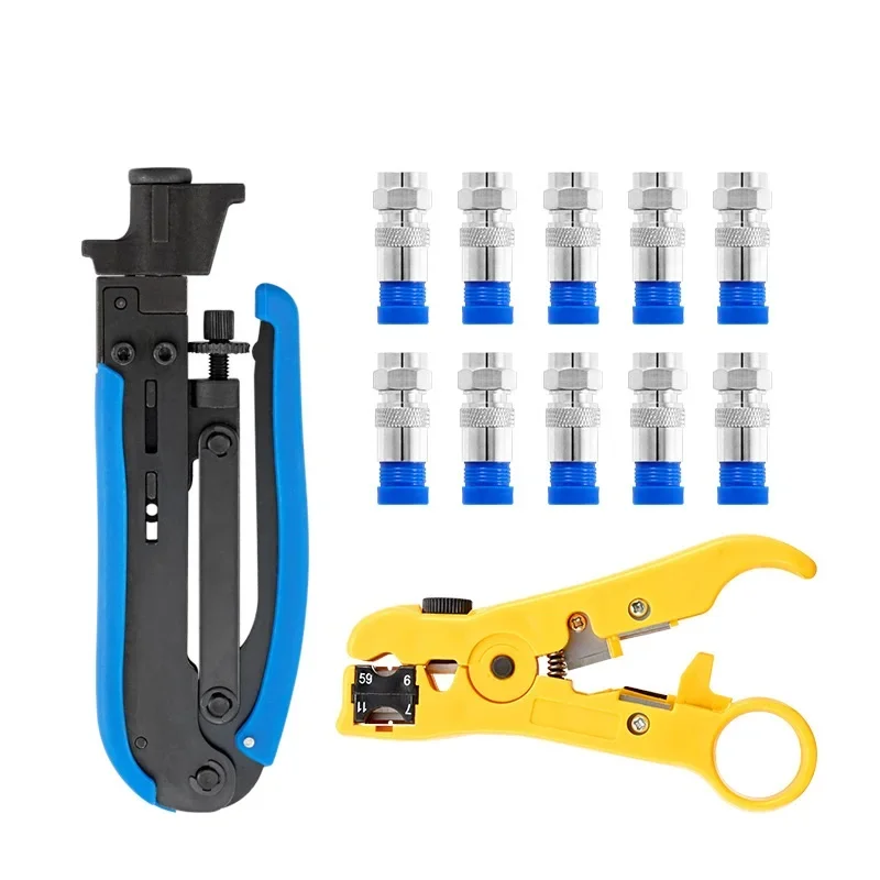 Coaxial Cable Pliers Wire Stripping Squeezing Pliers Coaxial Cable Cold Press Clamp RG59 RG6 Cable TV Crimping Tool Set F Heads