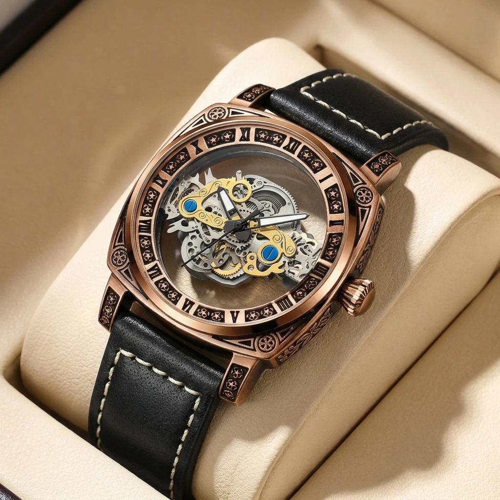 

1pc Skeleton Mechanical Watch with Stylish Metal Case, Black Leather Strap, Roman Numerals, Vintage Trendy
