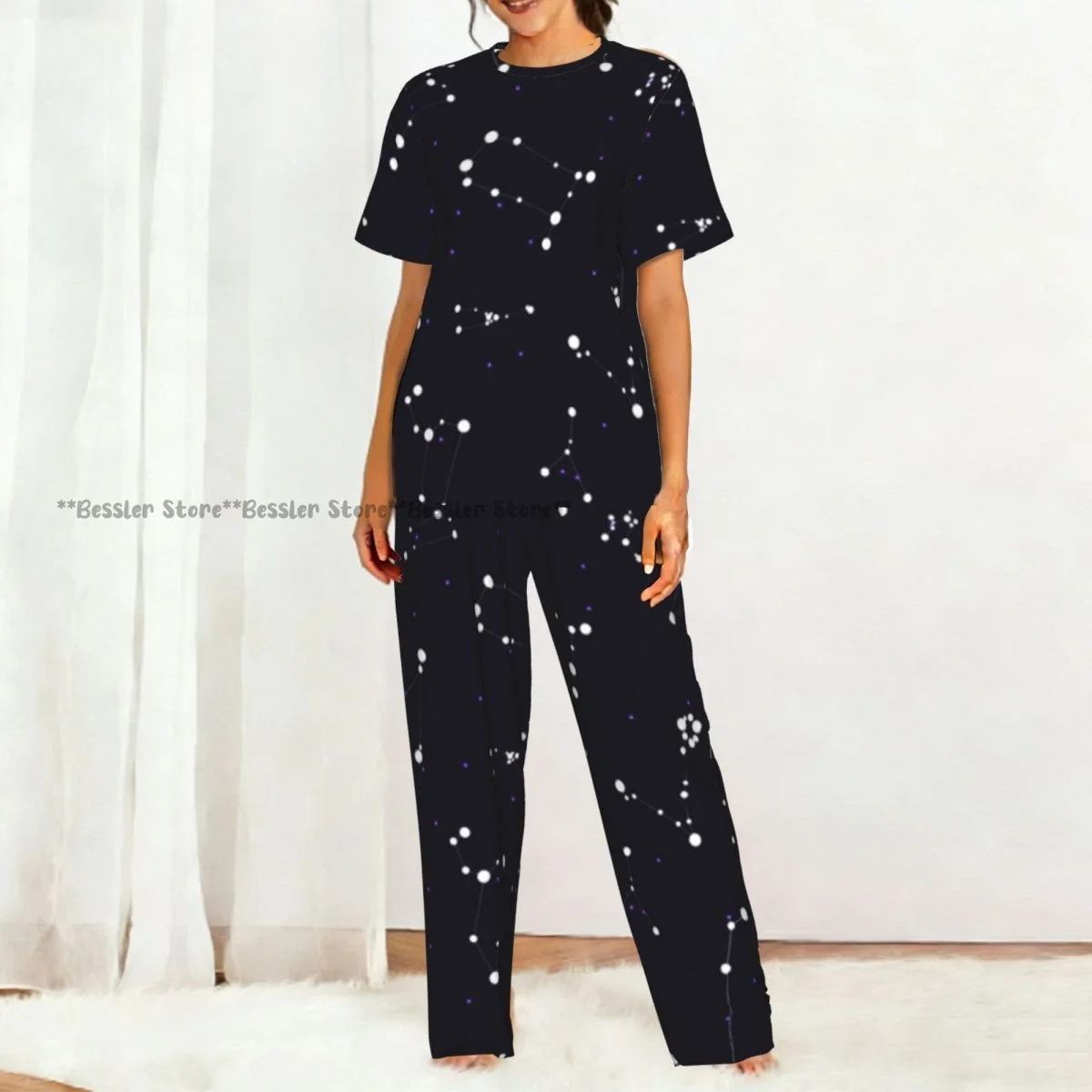 Women's Zodiac Stars On Cosmic Sky short sleeve trousers casual pajamas set view 5