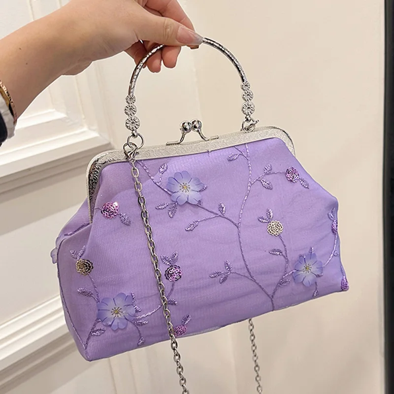 Vintage Shoulder Bags Women Small Chain Crossbody Bags Lock Design Embroidered Handbags Brand Female Purple Clip Messenger Bags