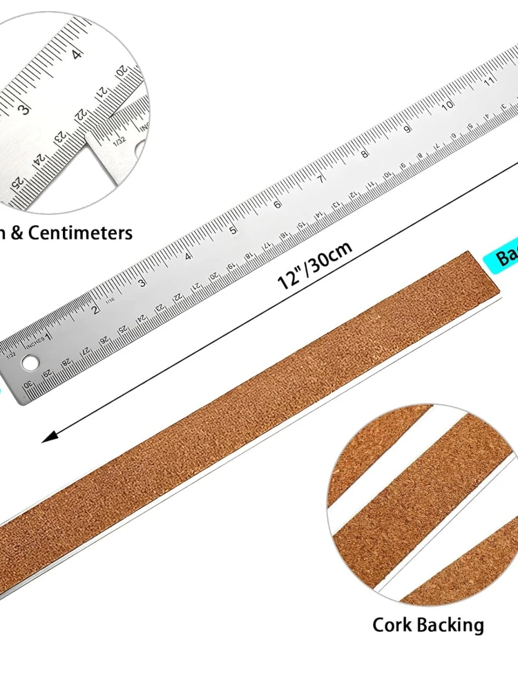 4Pcs 12 Inch Metal Ruler, Stainless Steel Rulers with Cork Backing, Imperial and Metric, Non-Slip Prevent Ink Leakage