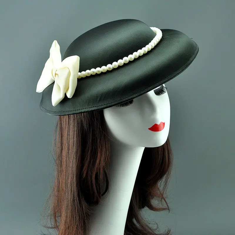French Style Large Satin Wedding Hat Vintage Cockail Banquet Church Bride Bow Pearls Fascinator Hat Hair Clip Chapeau De Mariage