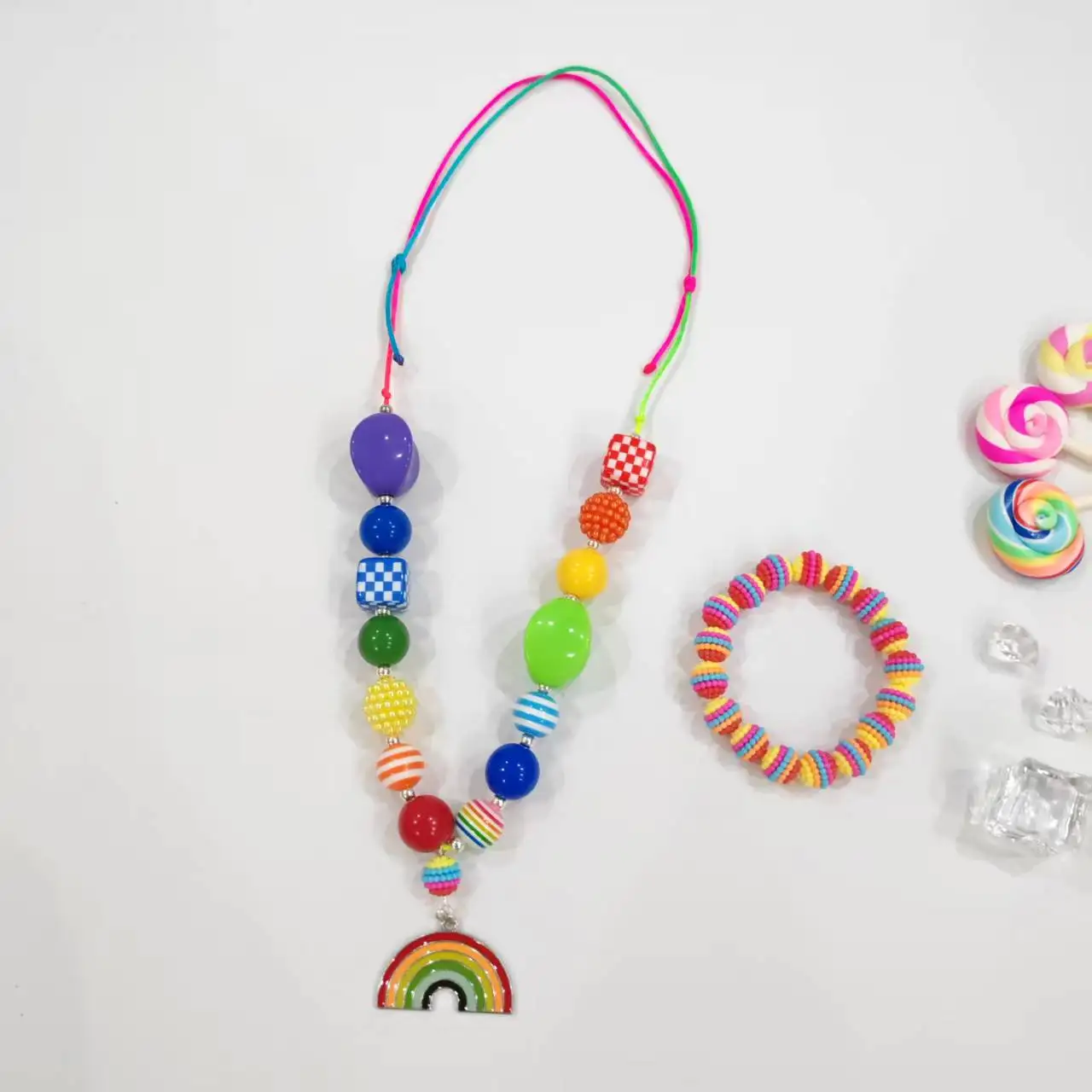 

Handmade Children Adjustable Necklace Rainbow Color Pendant Necklace Bracelet Sets Jewelry For Kids