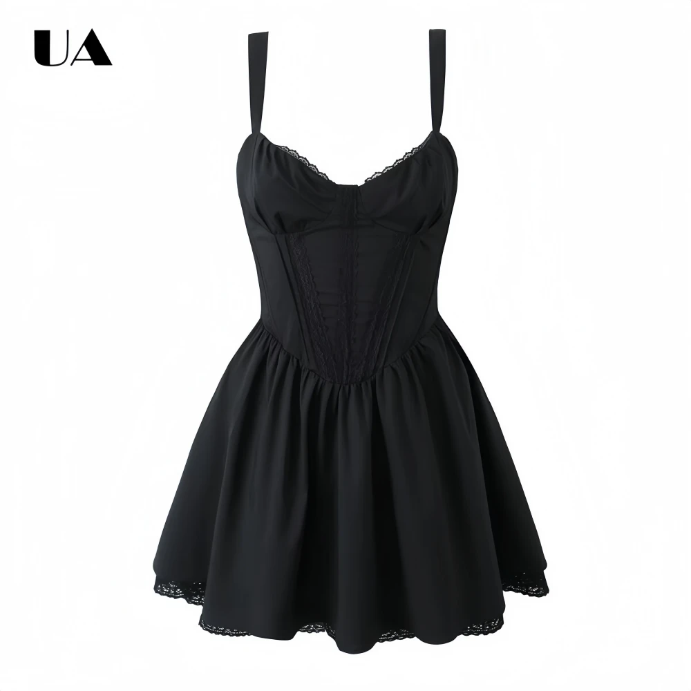 

Trendy Fit-and-flare Lace-trimmed Mini Dress with Spaghetti Strap Hotsweet V-neck Bow Short Dress Fashionable Solid Zipped Dress