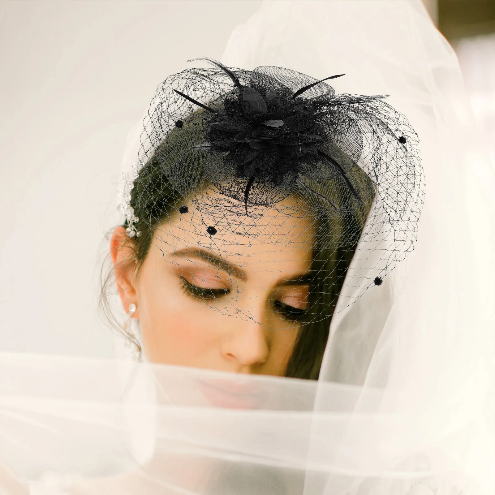 

Fascinator Hat for Women Flower Plume Mesh Veil Lace Design Dressy Formal Headpiece Bridal Wedding Tea Party Occasion