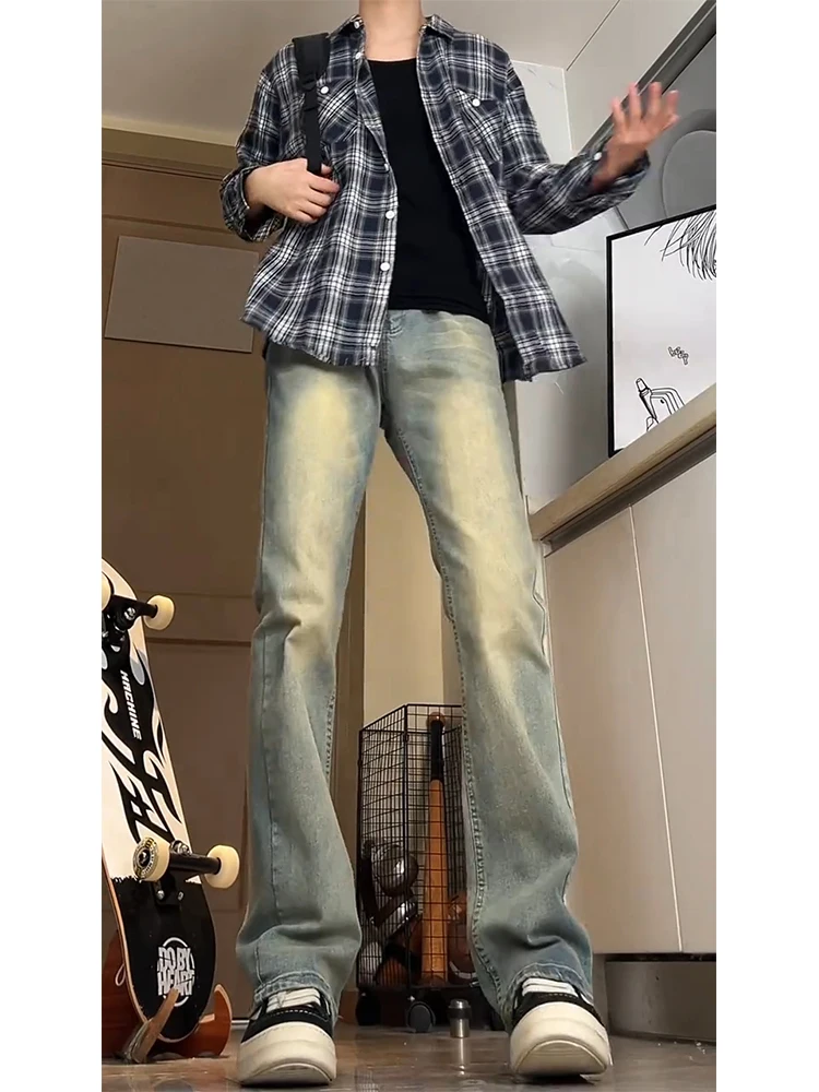 

Retro American Blue Jeans Men's Curved Blade Flared High Street Vibe Pants Teenage Slimming Straight Leg Cotton Polyester Blend
