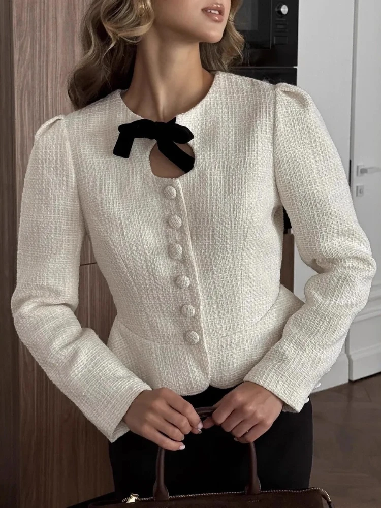 Tsiisd Elegance Bow Lace-Up Cardigan Jackets For Women Long Sleeve Slim Patchwork Tapered Waist Coat Female Fashion Jackets 2026