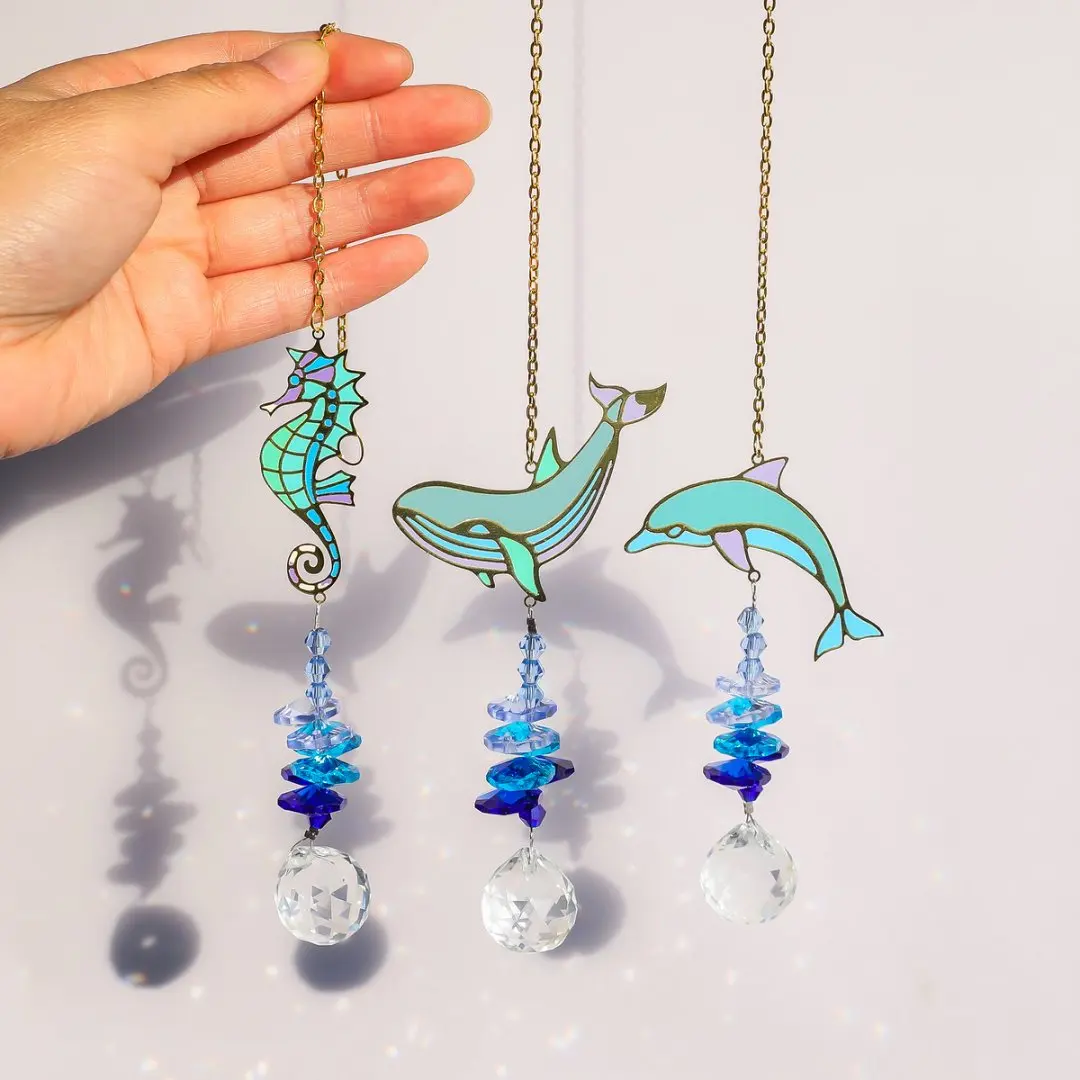 Crystal SunCatcher Blue Dolphin Seahorse And Whale Prism Rhinestone Rainbow Maker Window Hanging Indoor Garden Decor