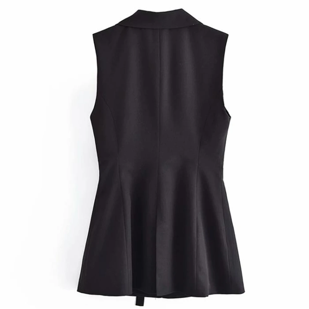 Women's Black Mini Dresses with Slash Office Ladies Waistcoat Sleeveless Blazer Tops Female Gilet Belt Slim Coat Outerwear Jacke