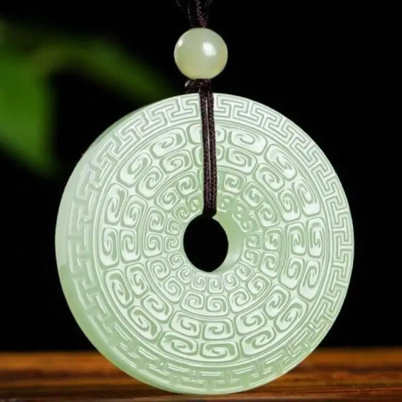 Natural Sapphire Round Brand Pendant, Auspicious Cloud Pattern Clear Water Green Jade Pendant Necklace for Men and Women