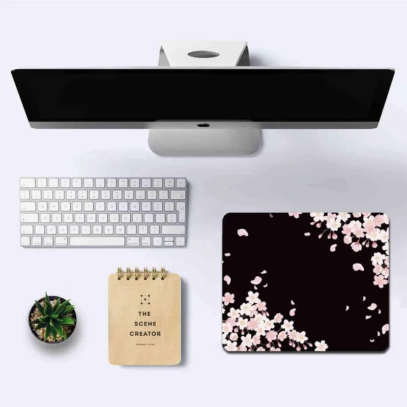 Cute Pink Flowers Mouse Pad, Cherry Blossom Mouse mat, Serene Blossoms on Black Elegant Floral desk mat