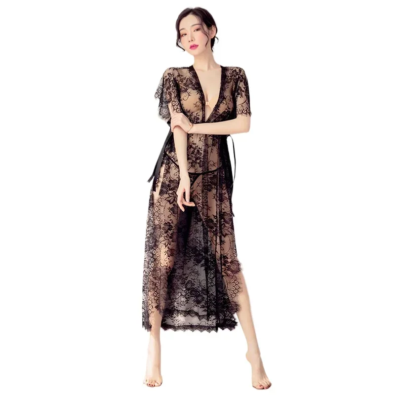 Long Slit Night Dress Sexy Pajamas Dress Sexy Lingerie Women Black Transparent Eyelash Lace Nightgown Hot Women's Night Shirts