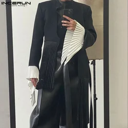 INCERUN Men Irregular Blazer Pleated Patchwork V Neck Long Sleeve Casual Suits Men Streetwear Open Stitch 2024 Thin Coats S-5XL