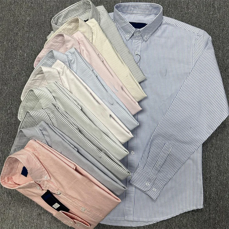 

Мужская рубашка из чистого хлопка на весну-осень, приталенная, повседневная, в полоску, с небольшим логотипом