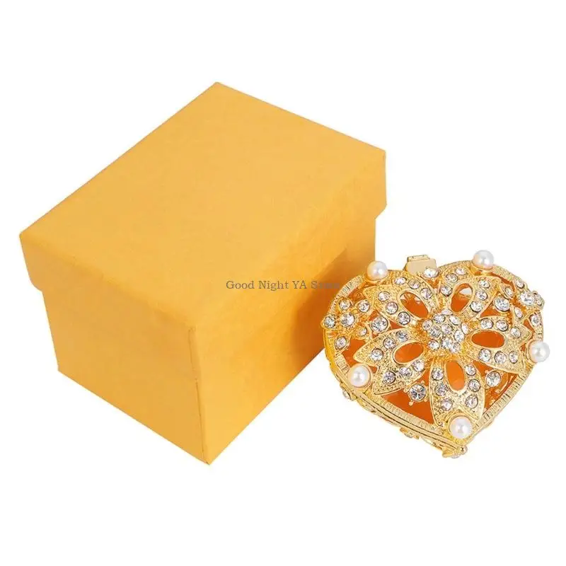 

Romance Heart Shaped Metal Jewelry Storage Box Decorated With Diamonds And Pearls