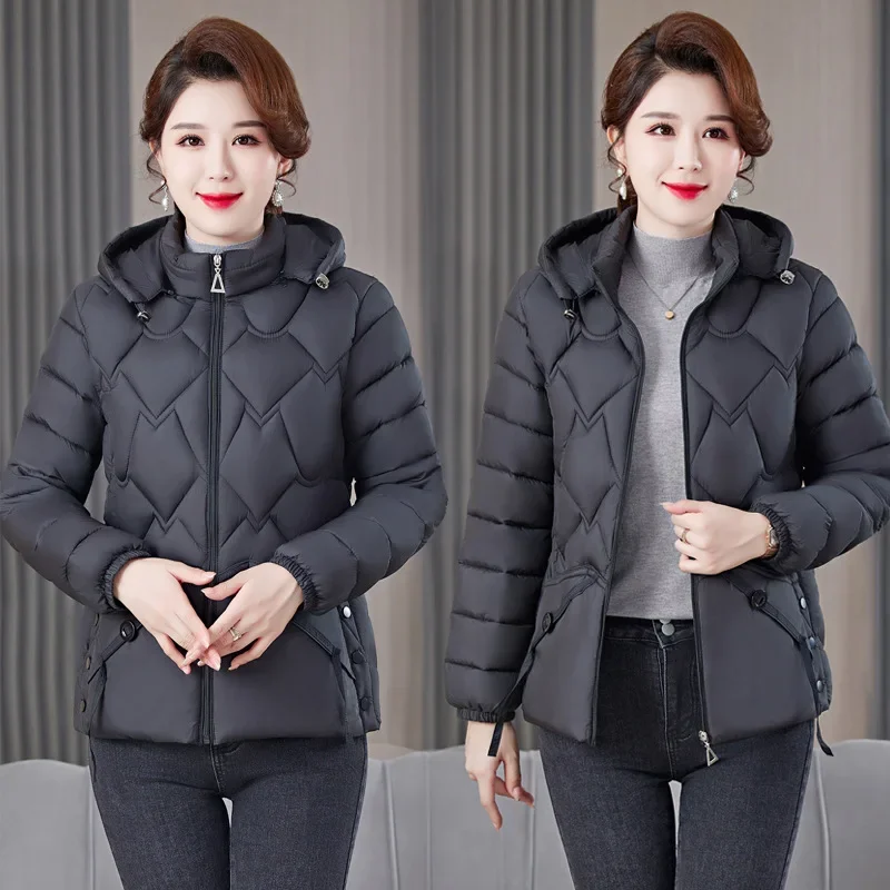 冬用厚手婦人服　新ファッション　ダウンコットンジャケット　長袖スタンドカラーフード付きパーカー　カジュアルルーズスノーウェアコート