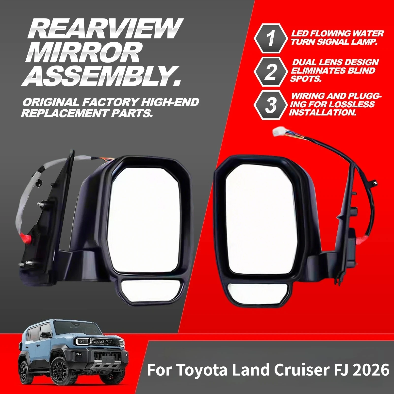 For Toyota Land Cruiser FJ 2026 Rearview Mirror Assembly with LED Turn Signal Dual Reflective Mirror Replacement Modified Parts