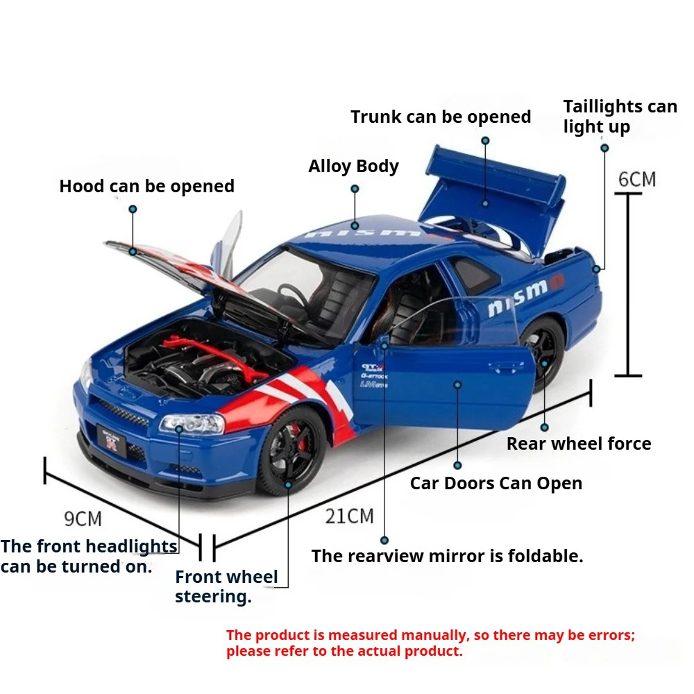 1:24 gtr skyline r34 modelo de brinquedo supercares metal diecast roda dianteira direção absorção choque puxar para trás coleção carro esportivo brinquedo