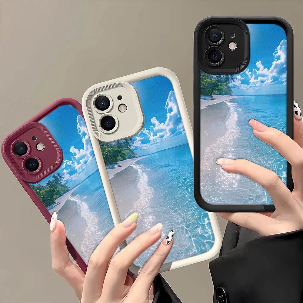 

Чехол для телефона Blue Sky, White Clouds, Sandy Beach для iPhone 16, 15, 14, 13, 12, 11 Pro Max Plus, противоударный прозрачный чехол 16, 15, 14, 13