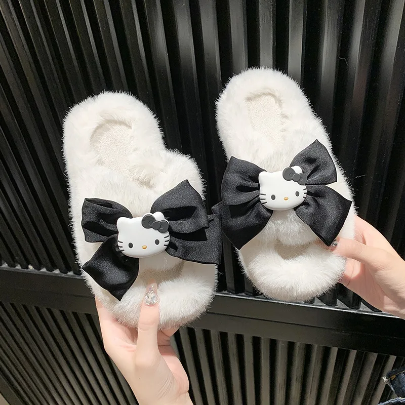 Ins Same Style New Cartoon Hello Kitty Princess Style Plush Slippers Girl Heart Bow Tie Autumn and Winter Home Fur Slippers