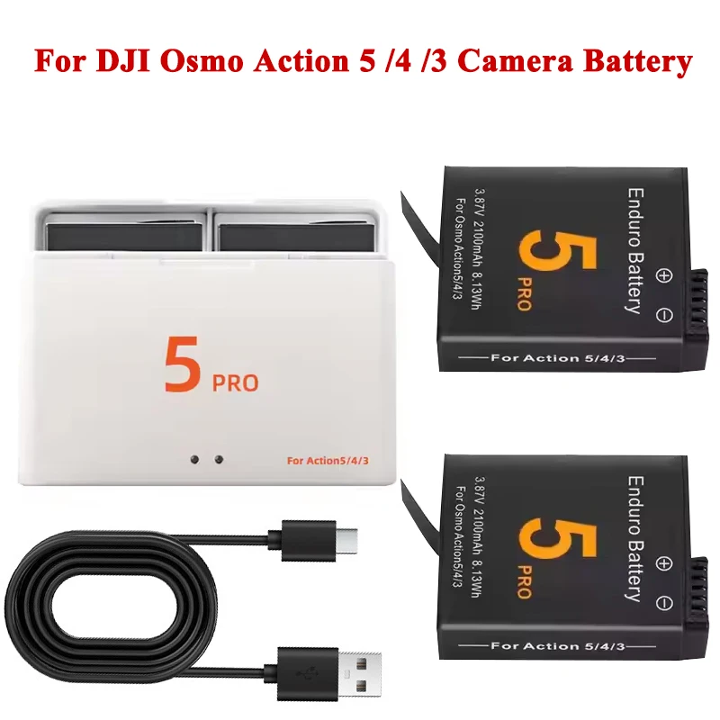 

For Dji Action 5 Pro 2100mAh Rechargeable Li-ion Battery ，Dual Slot Battery Charger For Action 5/4/3 Pro Camera Accessory