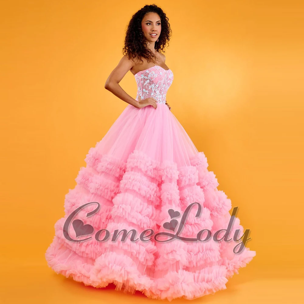 

Comelody Attractive Tiered Frilled Dress Prom Dresses for Women Tulle Appliques Strapless Vestidos De Fiesta Made To Order