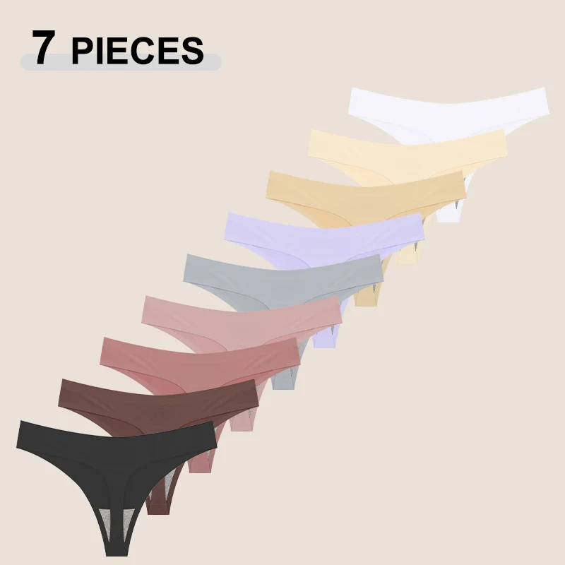 

Комплект из 7 шт. женских бесшовных трусиков-стрингов с низкой посадкой, дышащие, однотонные, из ледяного шелка, сексуальные G-стринги