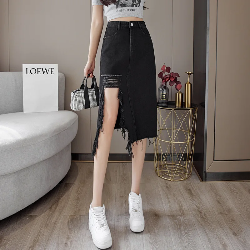 

High Waist Denim Holes Irregular Burr Casual Half-body Skirt Women Fashion Tide New Spring Autumn 2024