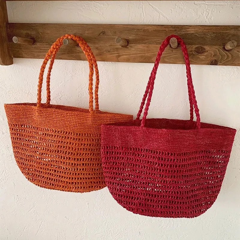 

Модные розово-оранжевые ажурные пляжные сумки из рафии для женщин, люксовая сумка-ведро, женская сумка ручной работы, дорожная сумка из ротанга, сумка через плечо, тоут