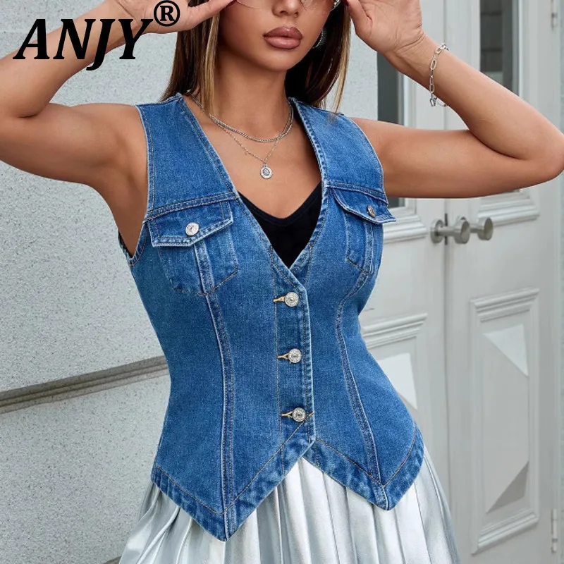 

ANJY Autumn New Women Y2K Denim Waistcoat V-neck Single Breasted Pockets Sleeveless High Street Chic Vintage Elegant Coats A9129