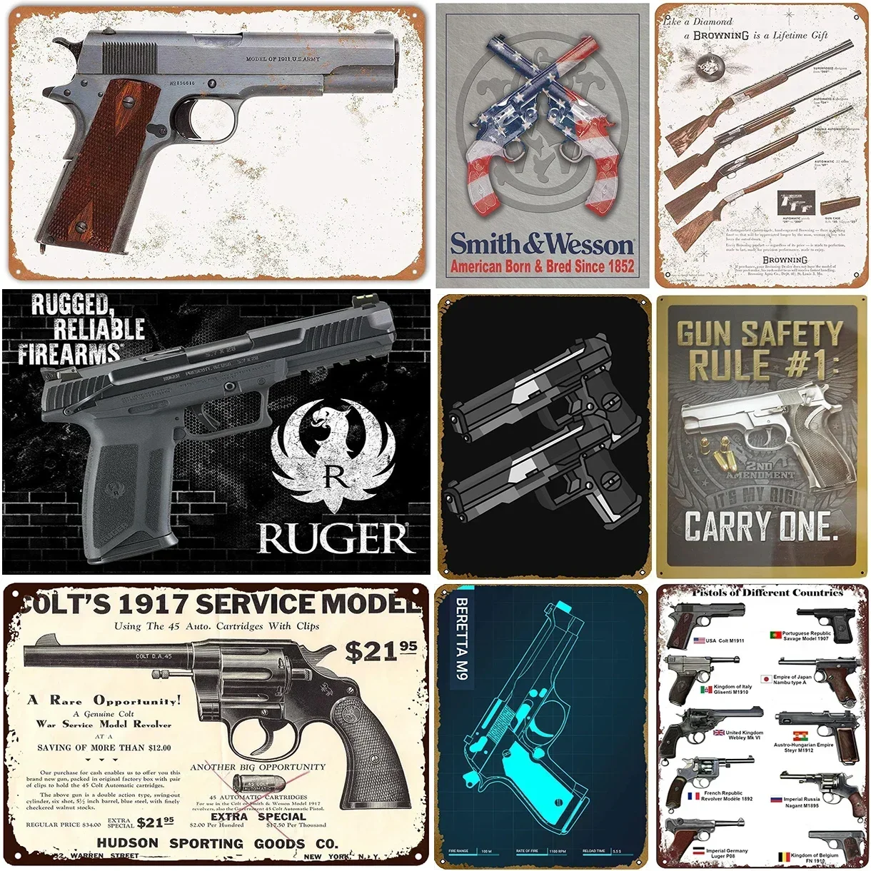 HD New Pistol Metal Tin Signs Ruger Smith Wesson Vintage Poster For Cafe Garage Bar Club Man Cave Art Wall Decorative Paintings