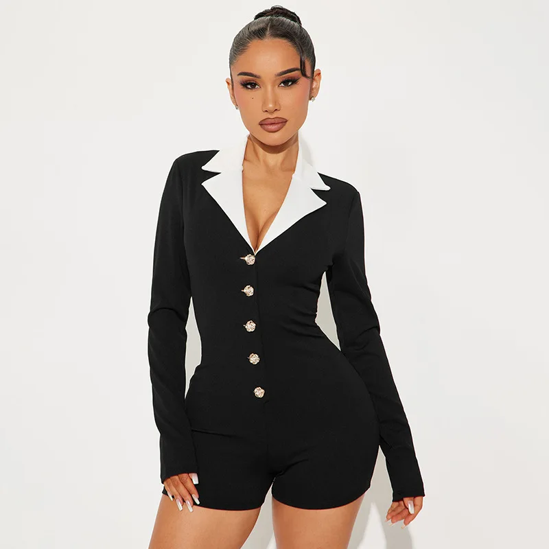 

Women's Fashion Rose Metal Button Lapel Long Sleeve Tight Shorts Jumpsuit Club Clothing Vestidos