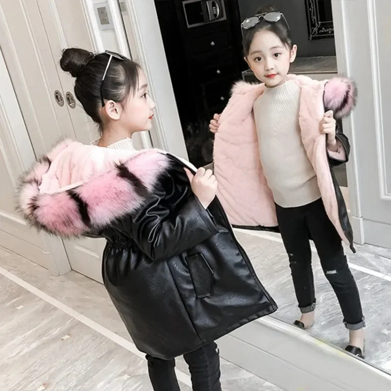 New children winter velvet jacket waterproof parkas warm outerwear hooded coats for girls Outwear Leather Snowsuit windbreaker